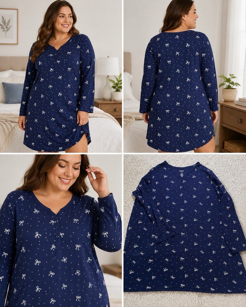 Croft & Barrow Women’s 3X Navy Bow Print Sleep Shirt Henley Long Sleeve